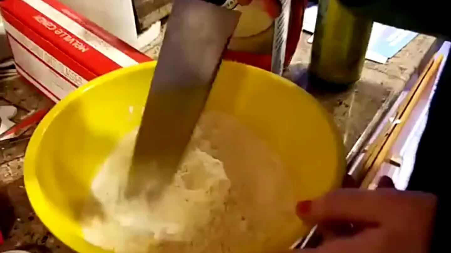 oil is solid, this is important. Mix everything except milk and vanilla. Mix until coarse, don't worry if it's chunky.