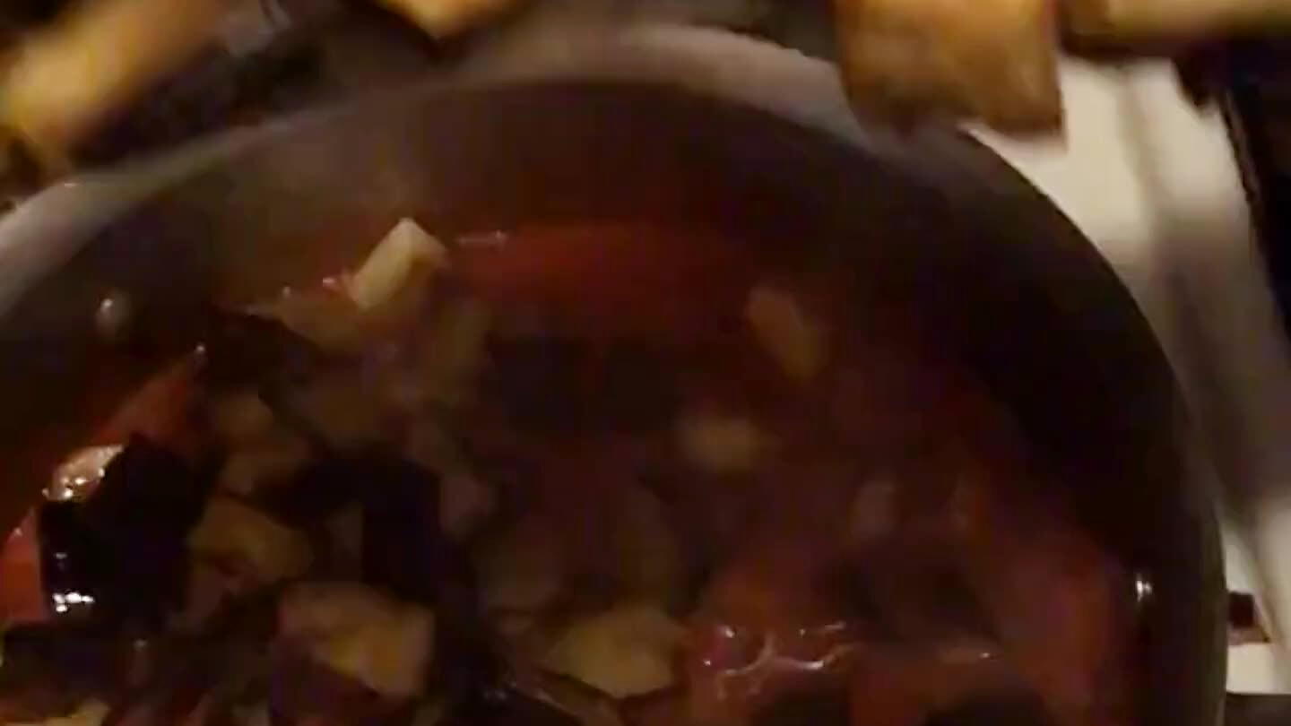 Stir in the roasted eggplant and the olives. I wish I had chopped the olives. Thought they might soften or split while cooking, but no luck there.