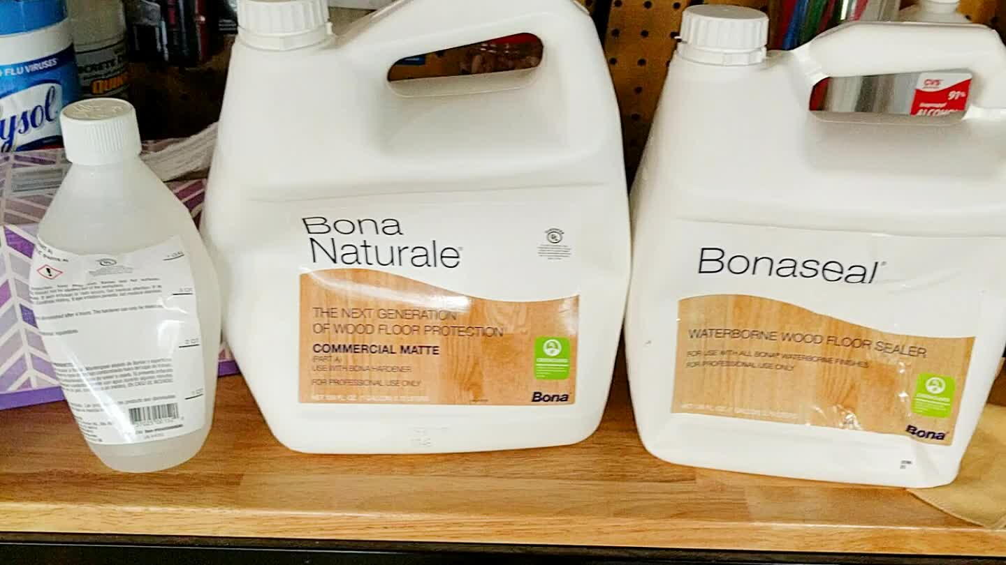 Seal and apply finish. We used bona naturale because its the same we used on our maple floors and we also liked the unfinished maple look. See in the photo how the container is squished after we used it. That way we remove the air to preserve the content.