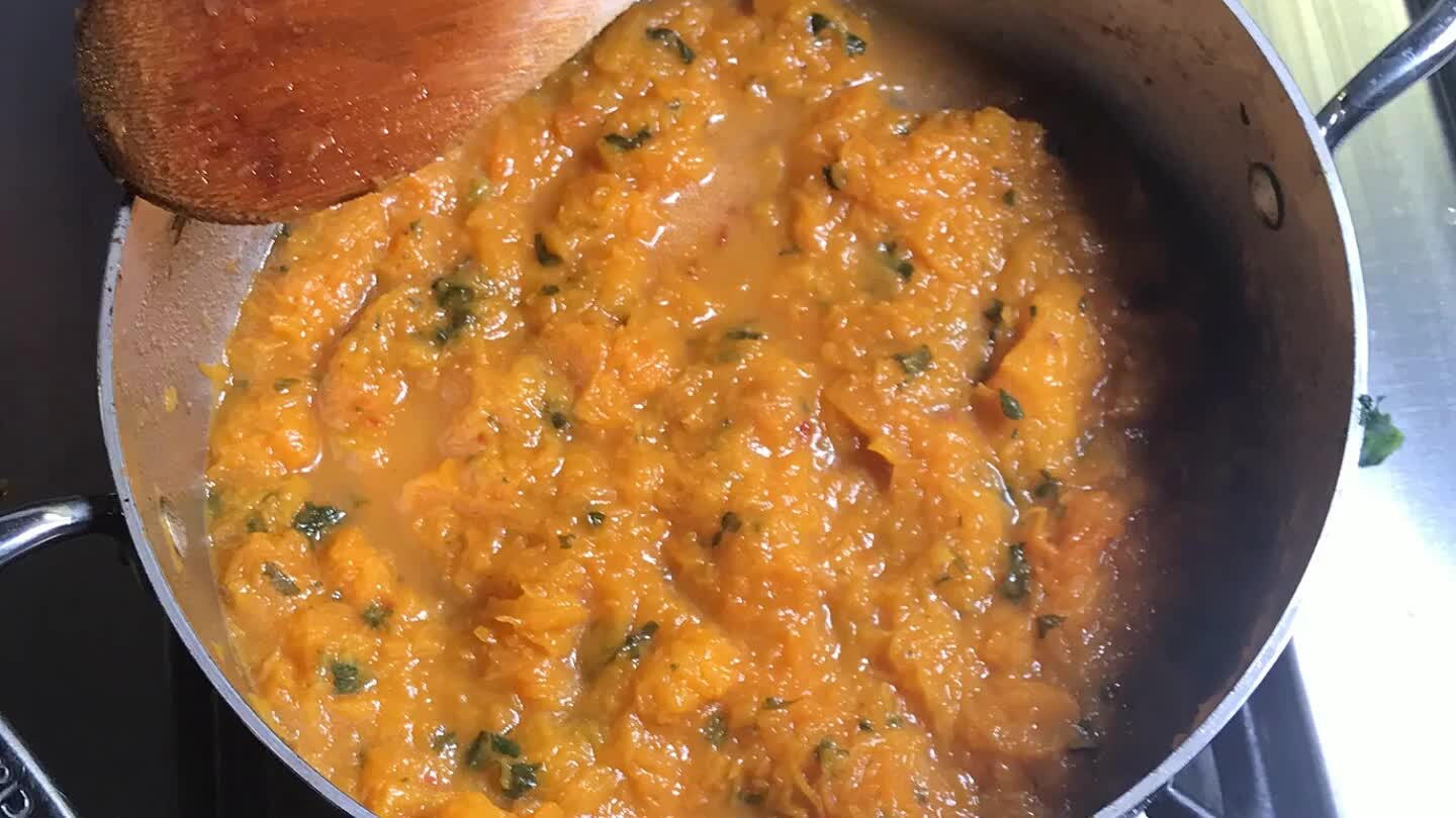 When the pumpkin is tender, smash with a fork, to create a thick sauce