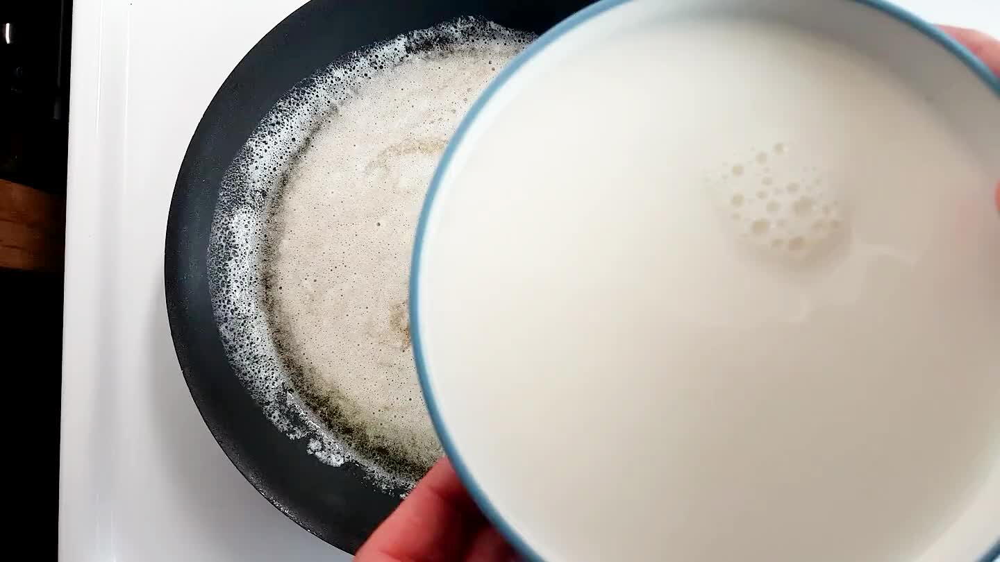 Stir in the milk. Warm this mixture of butter, sugar and milk to around body temperature. Then transfer to a mixing bowl.