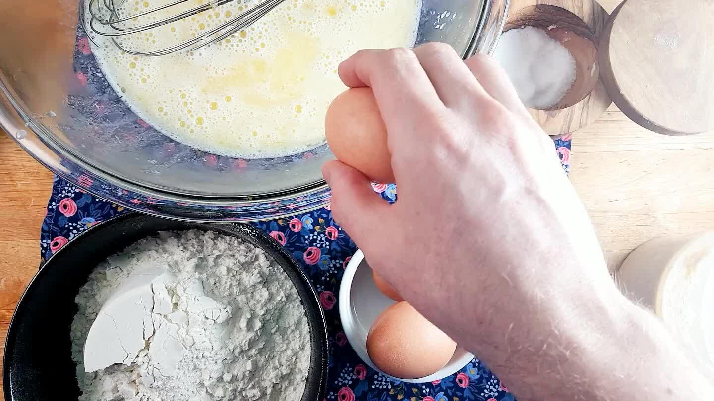 Whisk the three eggs into the warm milk. Work quickly. If your milk is too hot, or the eggs sit in the milk too long, they will start to cook.