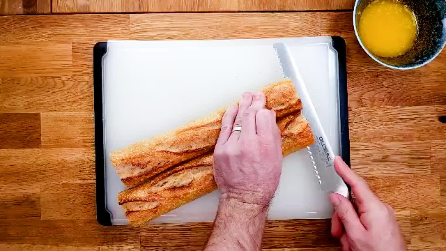 Carefully slice the baguettes in half lengthwise.
