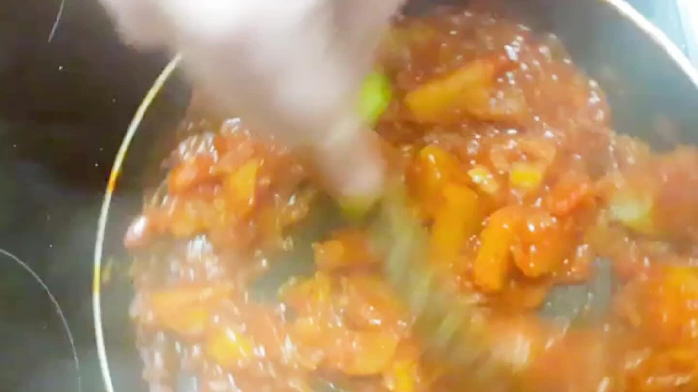 When the water evaporated and potatoes cooked, add another water-a half of what we used before. We want the potatoes to overcook a little. This is the final consistency it should have. A little bit mushy covered in a thick paprika sauce.