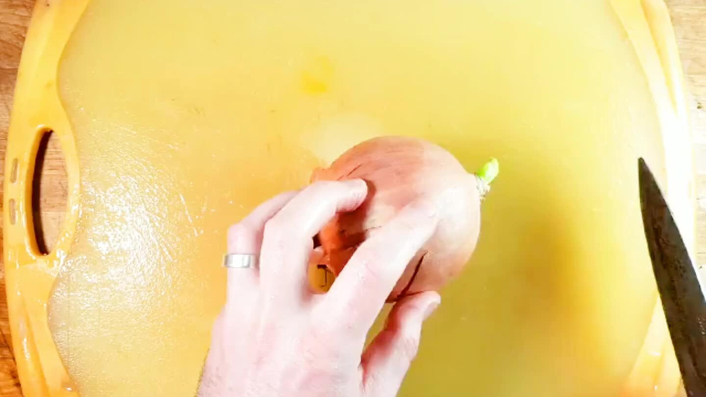 skin, then Slice from tip to root. This yields rainbow shaped arches of onion.