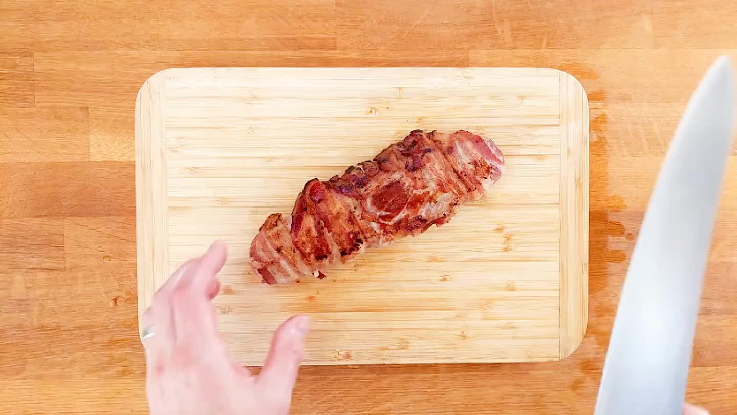 s. Then slice against the grain. If your bacon is crispy all around, your tenderloin should be nicely cooked. To be sure, you can use a meat thermometer to check the temperature at the center of the tenderloin. For pork, the USDA recommends an internal temperature above 145F (63C).
