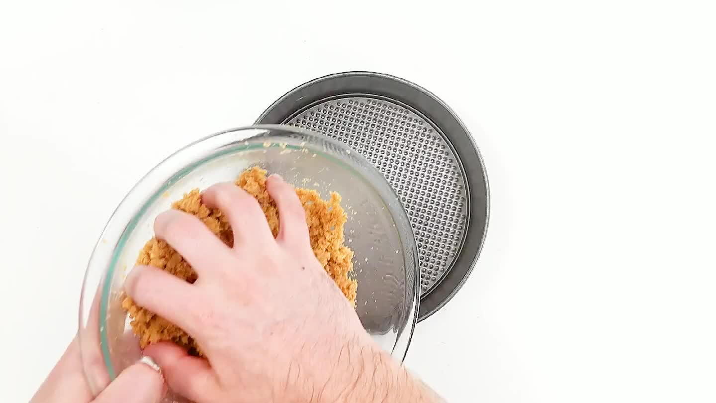 a regular pie pan will work great. Press the mixture out to form an even layer on the bottom and up the sides of the pan.