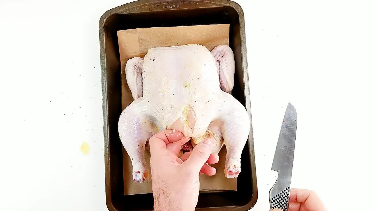 or more even cooking. Most of the time you use butcher's twine to secure the legs. I like to use the loose skin at the