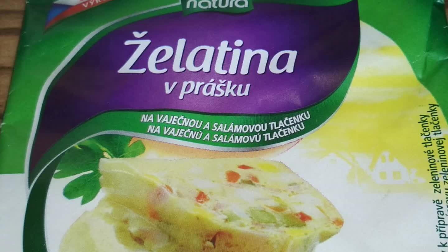 ztuhne pouze s želatinou na vaječnou tlačenku. 40 g želatiny jsem namočila do 150 ml vody teplé 80°C. Nechat nabobtnat. Jestli je potřeba zahřát aby polevila musíme má mírném ohni. Nesmí s vařit.