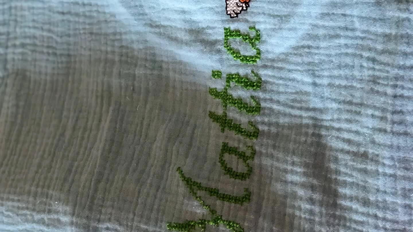 ere le misure che vi sono più comode e funzionali; ricamate (io a punto croce e punto scritto) l’immagine desiderata, il nome o quello che più vi aggrada; applicate bottoncini o altre decorazioni; cucite assieme con lo sbieco a macchina.