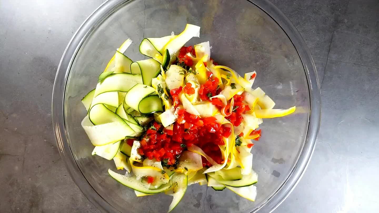 zucchini. Keep turning it over until the strips are all coated. Taste it and add a little more salt or pepper if needed. You may even want a little more vinegar, depending on what vinegar you used. Keep in mind the flavors will grow and spread as it sits.