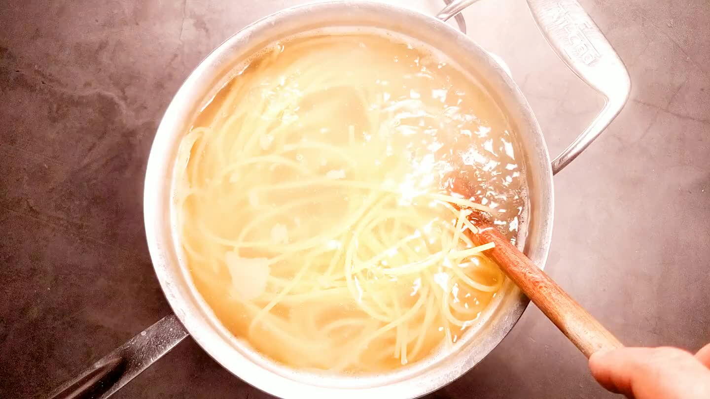 take to cook from the instructions on the package. I like to leave my pasta a little underdone so I can finish it in the sauce. That's why I usually take a noodle out and take a bite to check the texture before I strain.