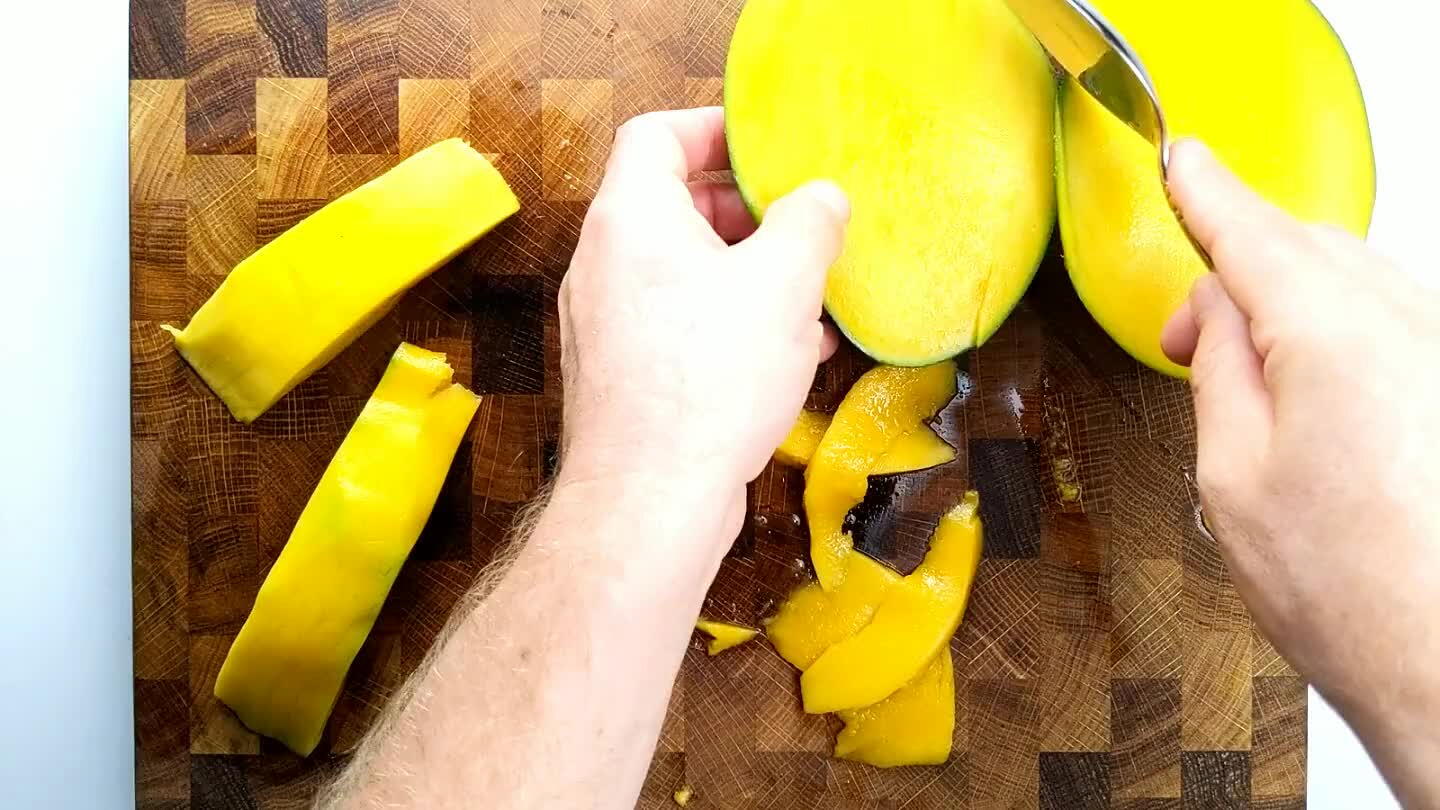 rounded sides like with an avocado. A knife works better for the sides. Carefully slice along the skin, similar to removing the skin from a fillet of fish.