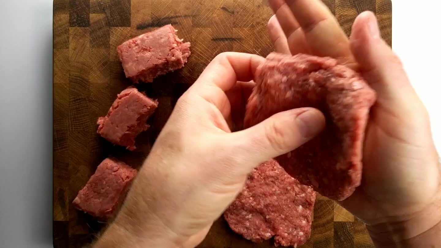 uick, fast food style burger, so thin ugly patties are great. The thinner and more jagged the edges, the better they'll crisp up when we fry them.