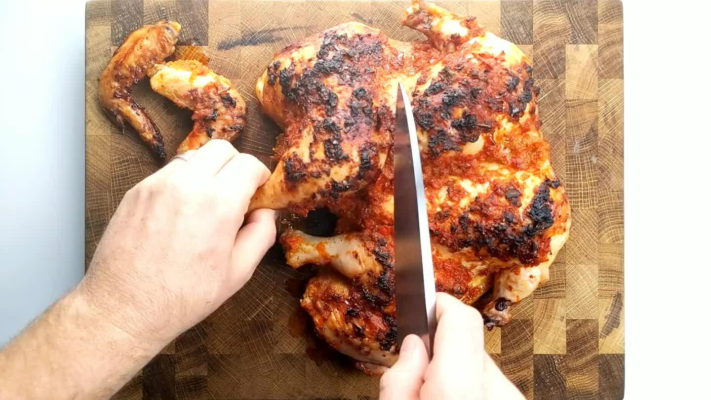 can remove the legs by slicing between the thigh and breast. Separate the breasts by slicing between them.