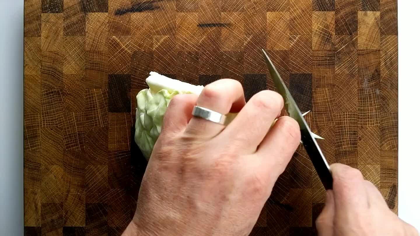 f the ribs of the cabbage leaf to make it easier to slice thinly and evenly.
