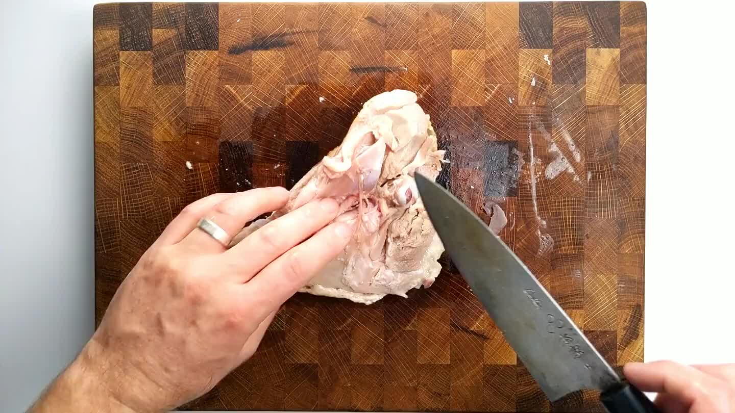 that you can fit the tip of your knife under the bone and separate it from the thigh meat. Feel around for any bone or cartilage still stuck to the thigh meat and remove it.