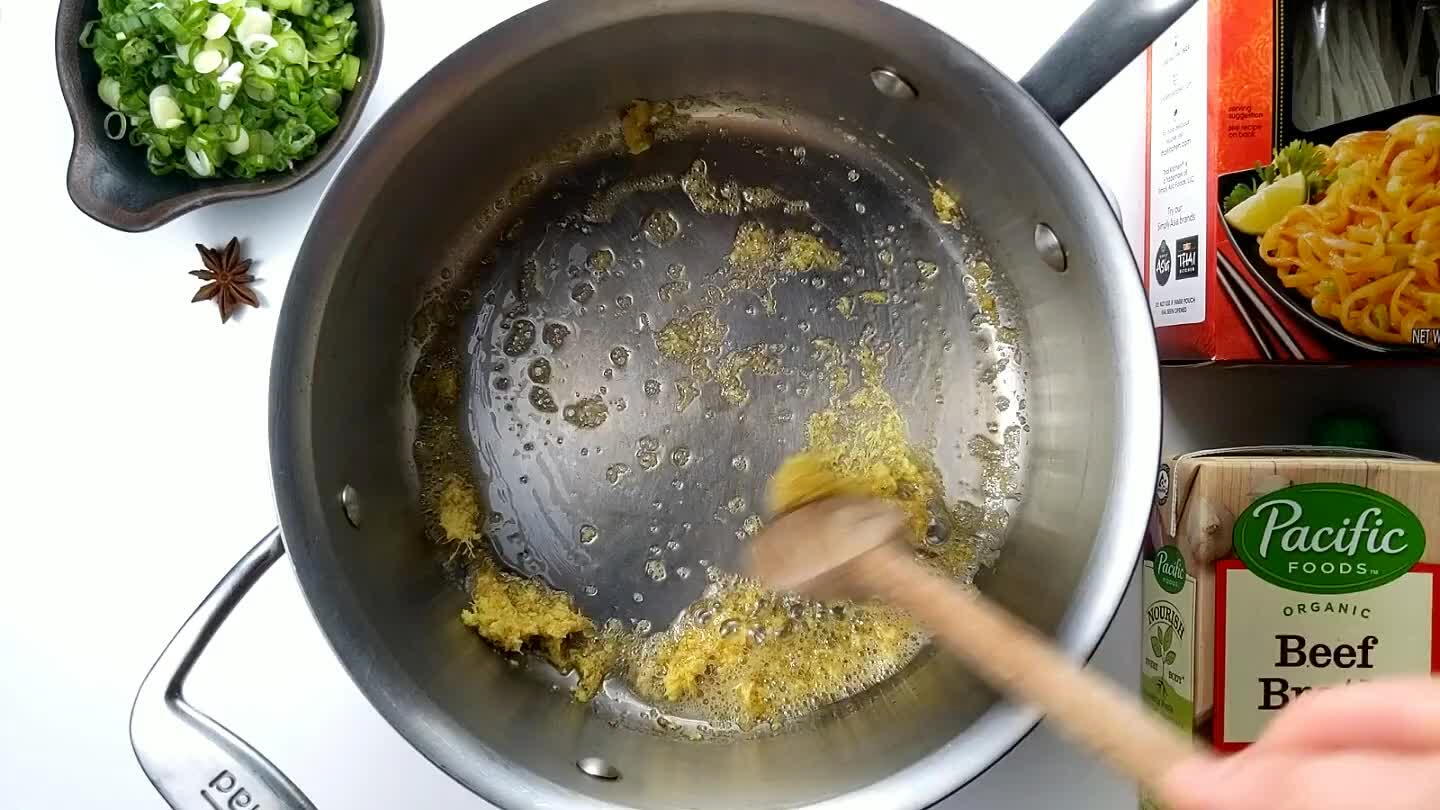 the oil, just until fragrant. This will infuse the sesame oil with the flavor that will form the base of your broth.