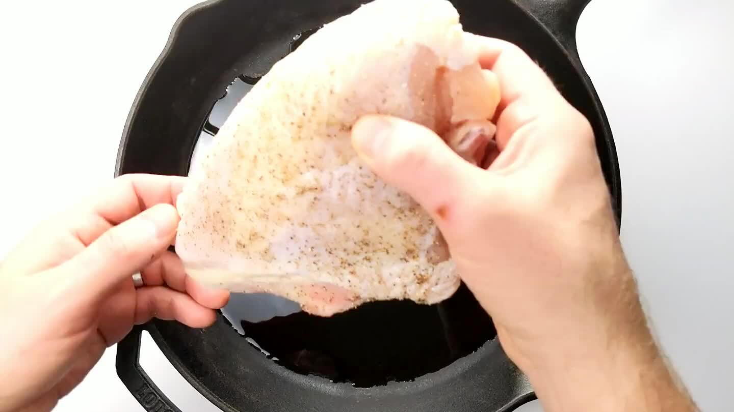 ive it a little press to seal the skin to the pan. Reduce the heat slightly to medium-high. Don't touch the chicken for at least 5 minutes. It's important to let the skin crisp undisturbed.