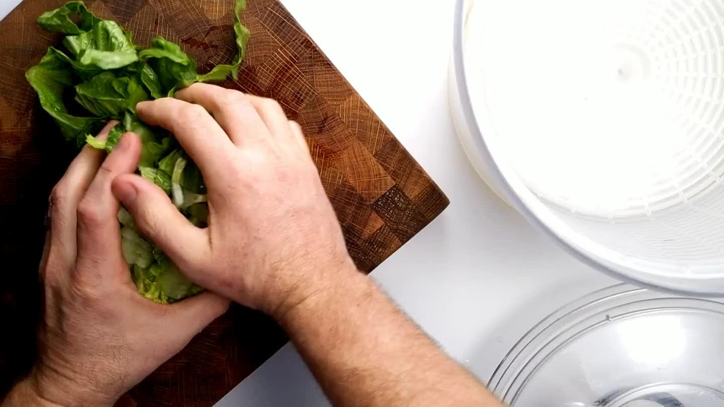 he chopped lettuce dry. This is quick and saves you some paper towels.