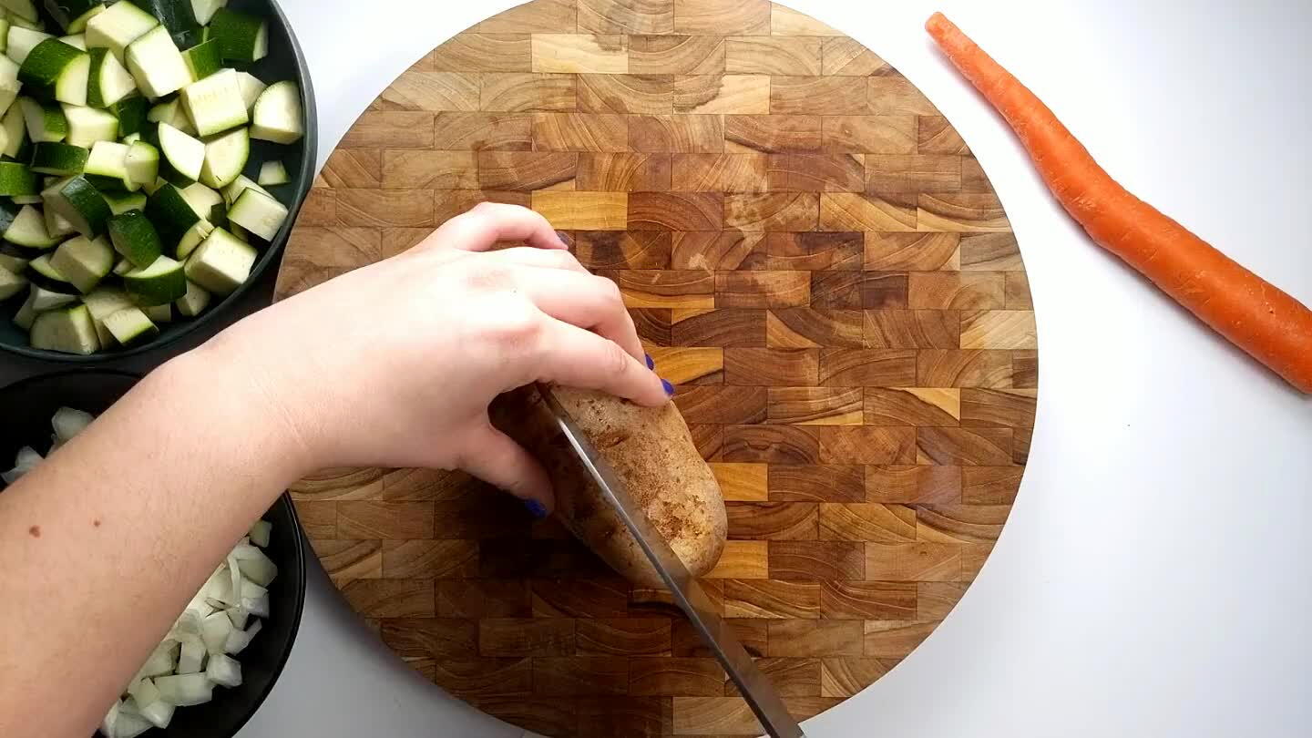 ot roll around. Cut into thin cubes so that the pieces cook quickly. The soup will be blended so don't worry too much about how the pieces look.
