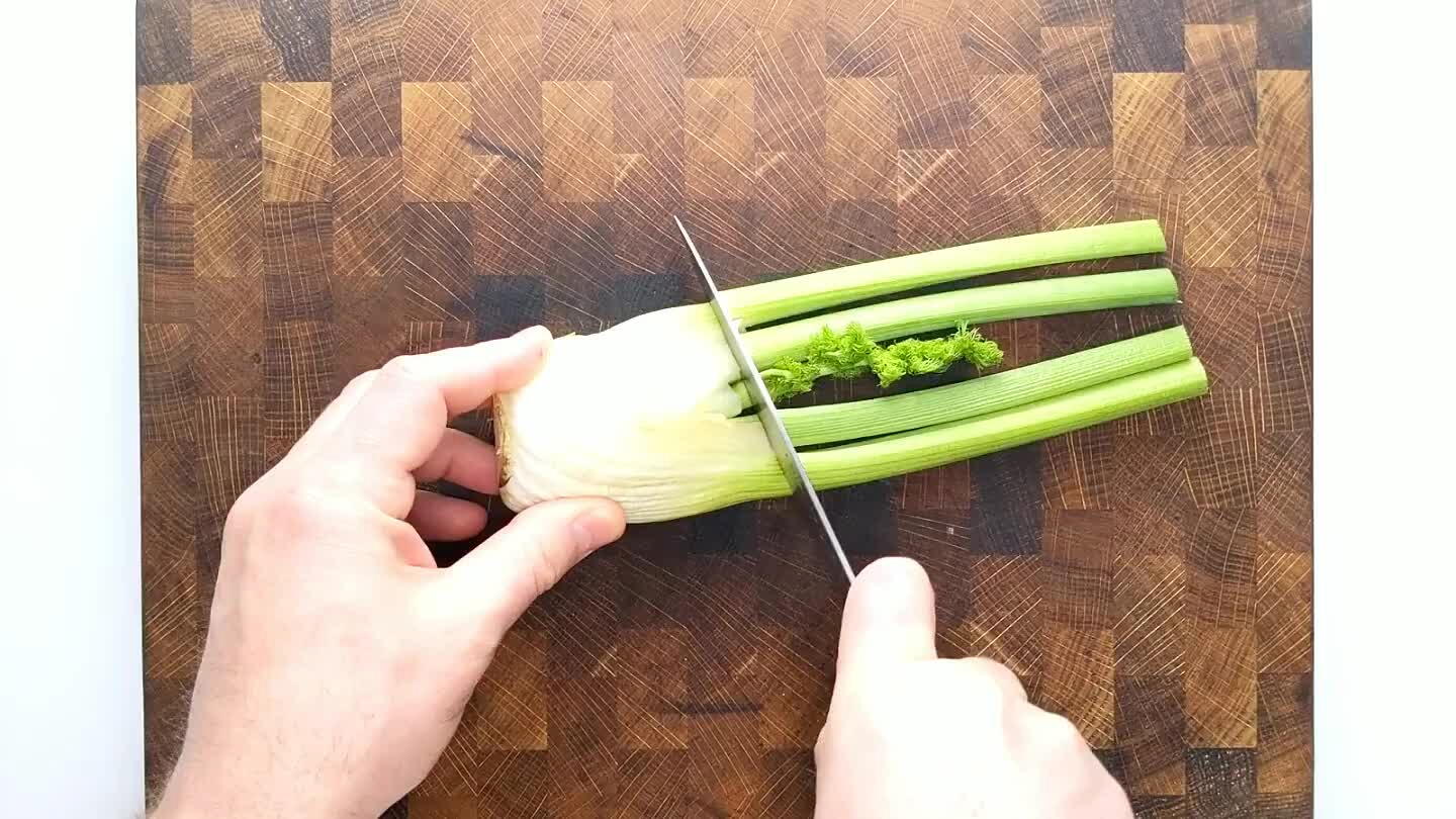 can discard most of the fennel fronds, but you may want to reserve a few of the nicer looking sprigs for garnishing.