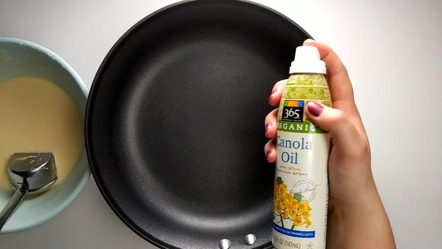 cup of batter onto a 10 inch non-stick frying pan and quickly tilt the pan in a circular motion to coat the bottom of the pan with a thin layer. Often the first crepe doesn't work quite right, but don't worry and just try again.