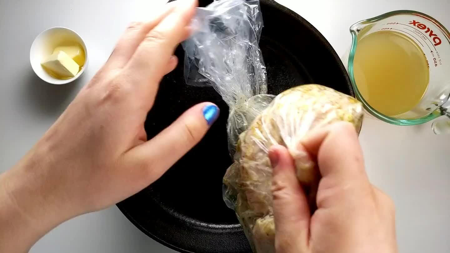 ter and chicken broth and bring to a boil. If using frozen chicken, leave to simmer here for 7 minutes or until chicken is thawed. If using fresh, move on to the next step once boiling.