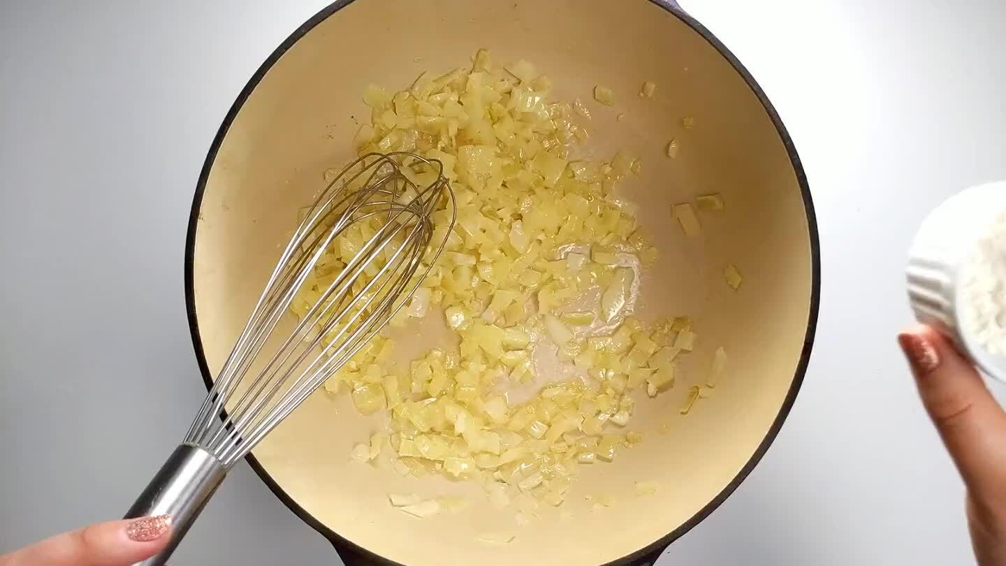 Cook and stir the flour mixture for a few minutes or until it is slightly browned and smells toasty. While you wait, you can mix the bouillon with the water to make the broth.