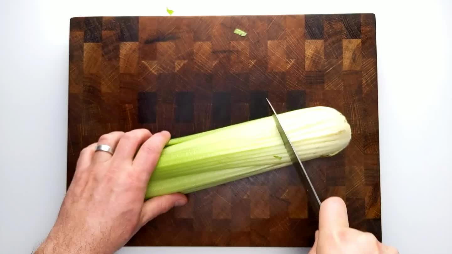e caught between the ribs and slice them lengthwise once or twice. Group the lengths into a bundle and dice to about 1/4".