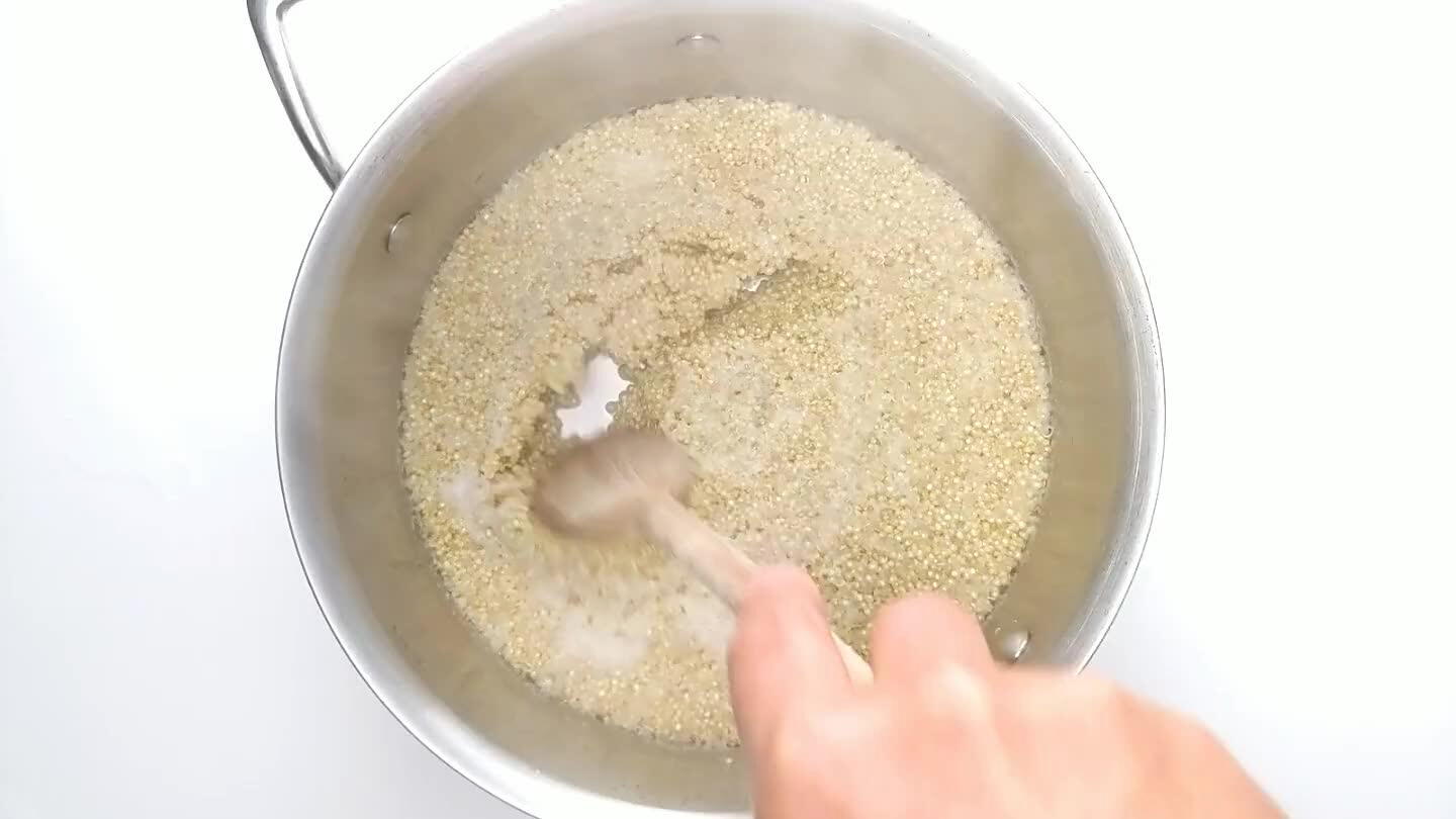 sure that most of the water has been absorbed and the quinoa is tender. If not, replace the lid and continue cooking. When the quinoa is cooked, chill.