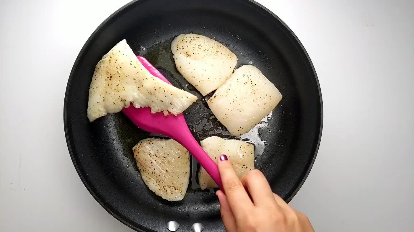 of the fish, you may have to pull thinner pieces from the pan first. The fish is done when it is opaque all the way through and flakes apart.