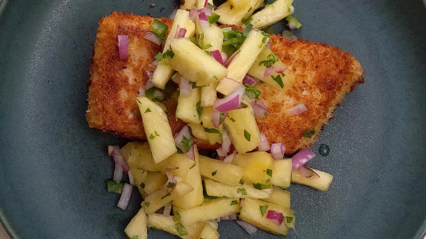 s and p. DIp in flour, egg, panko, place in refrigerator for 15 mins. Heat olive oil, cook for 5 mins on each side.