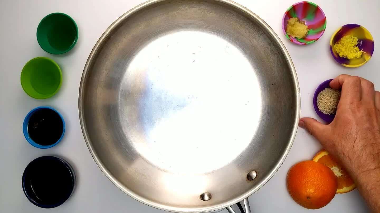 pan. Keep the sesame seeds swirling around the pan to get them to toast evenly. When they begin to turn a light golden browned, quickly move on to the next steps.