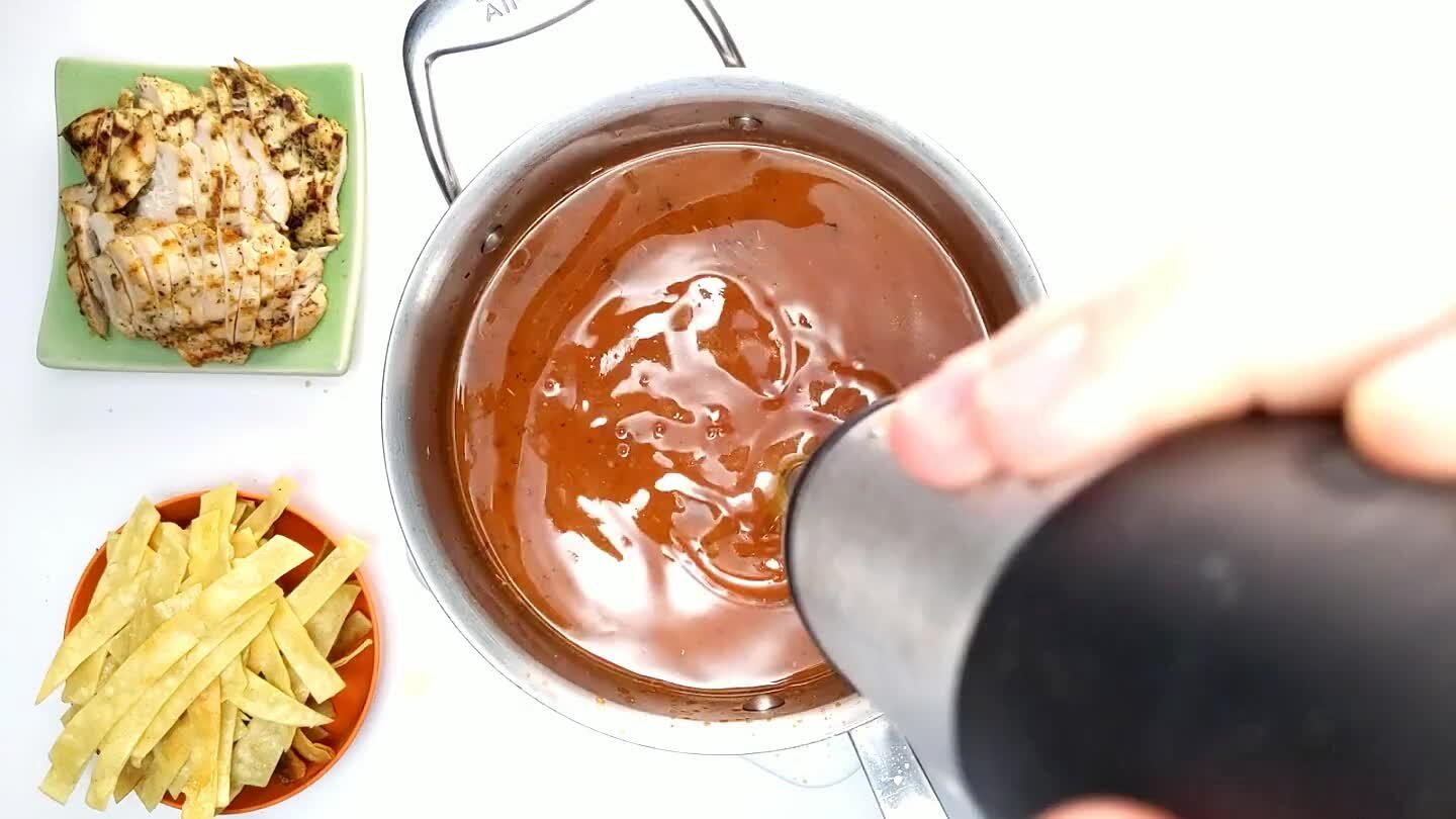 this type of thing. But if you don't have an immersion blender, just transfer the liquid to a regular blender and pour it back into the pot after blending. You can also skip the blending process if you don't mind a chunky soup.