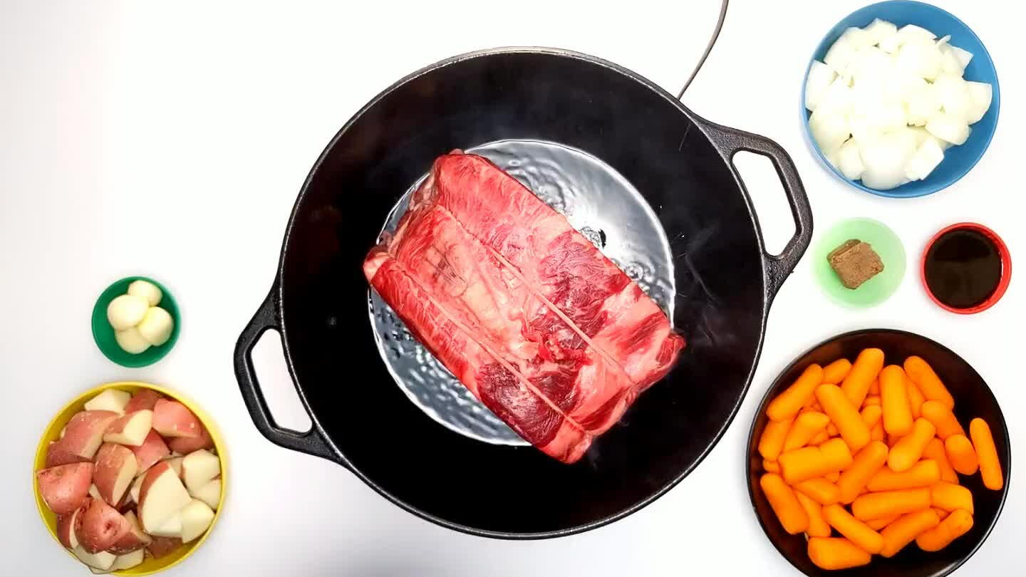s nearly smoking, place the roast in the pot. Let it sear, untouched, for a few minutes. Once it gets a nice, dark coat of crust on the bottom, gently flip it over. Continue until caramelized on at least 3 sides.