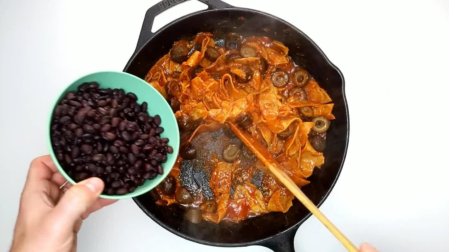 Mix well over heat until the beans and olives are heated through.
