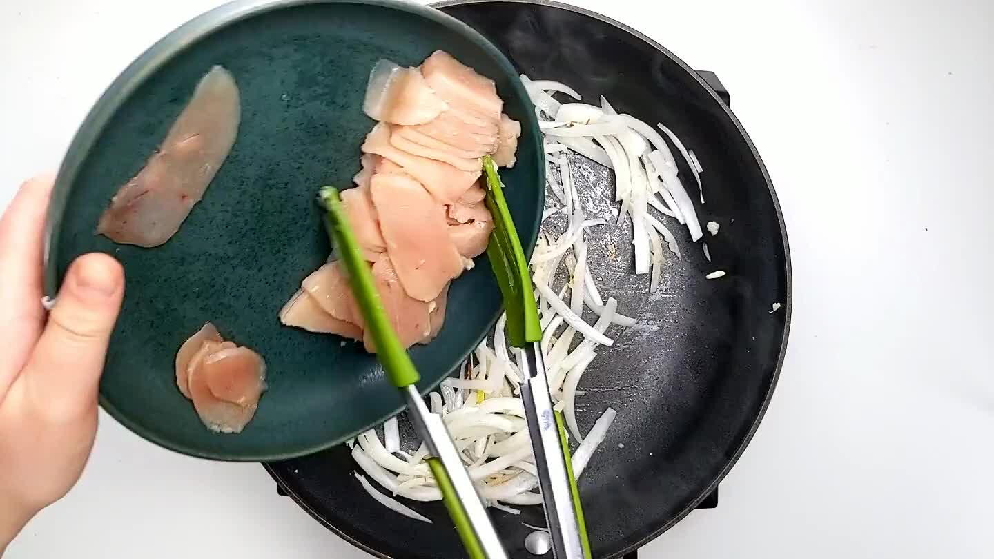 chicken has been frozen and slightly thawed! Add the sliced chicken to the pan and cook for a few minutes while you mix the sauce.
