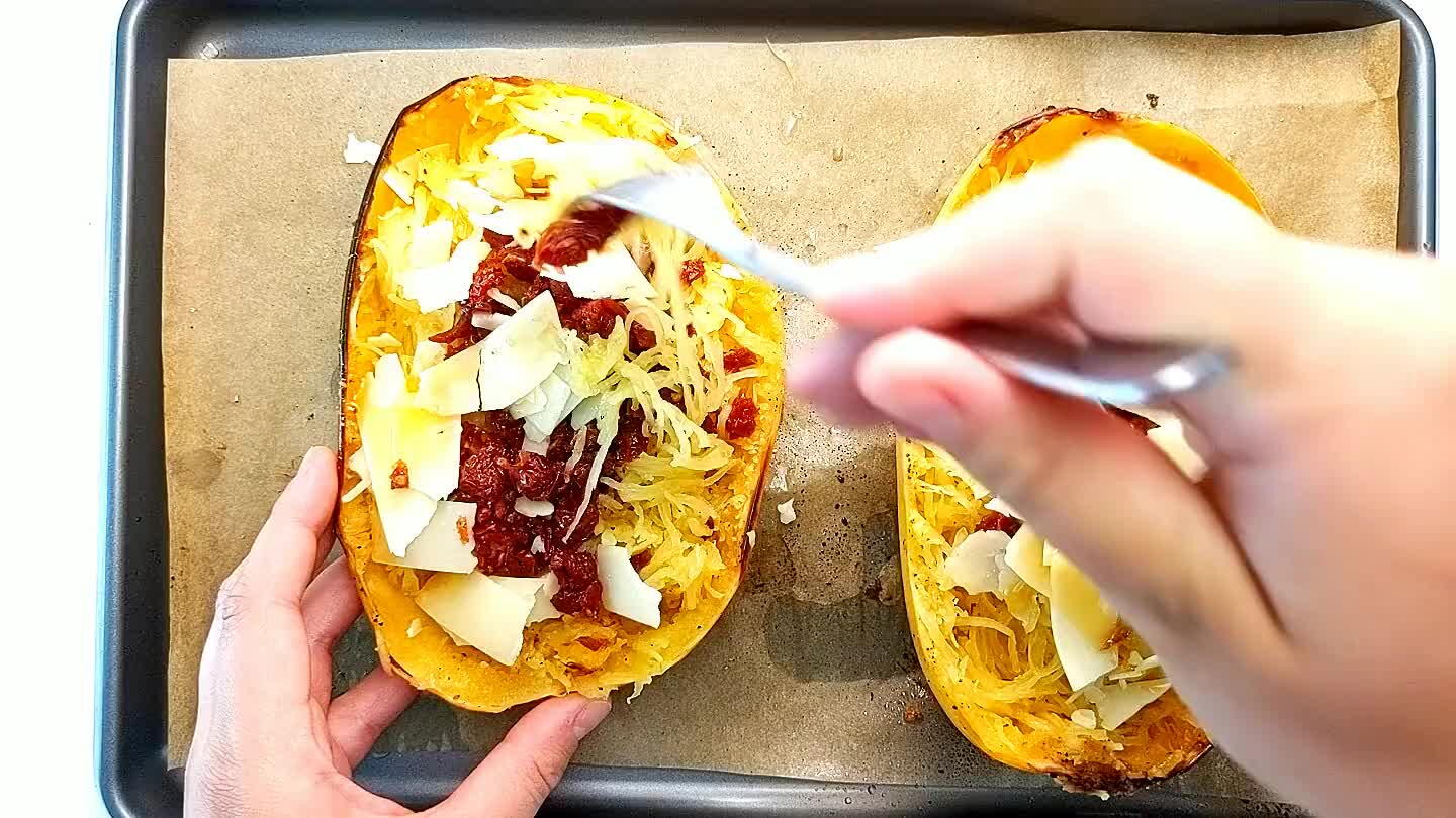 toss everything in a large bowl and return to the squash half if you'd like to serve it that way.