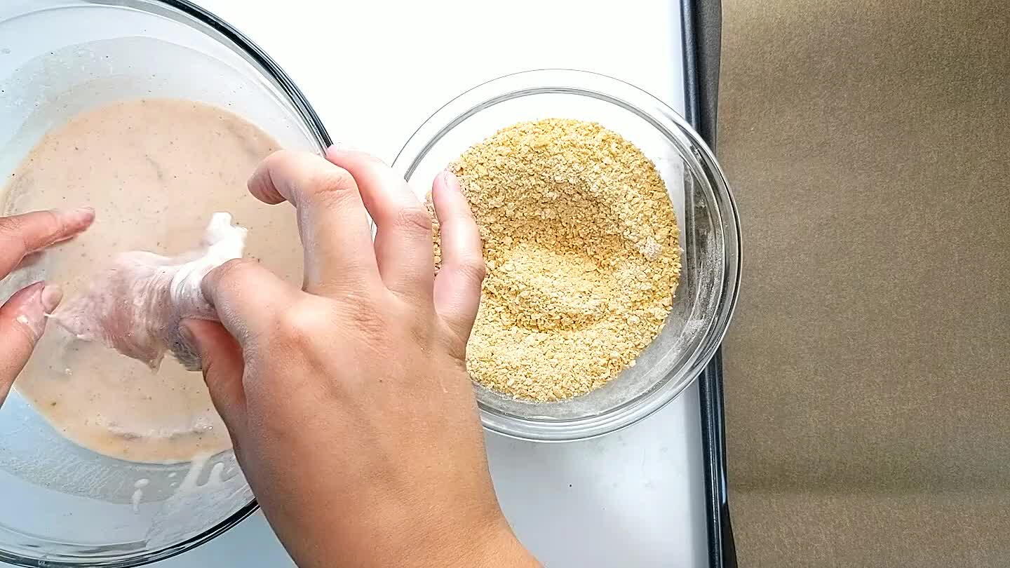 ixture. Press the breading onto every side of the chicken and place on a parchment lined baking sheet.