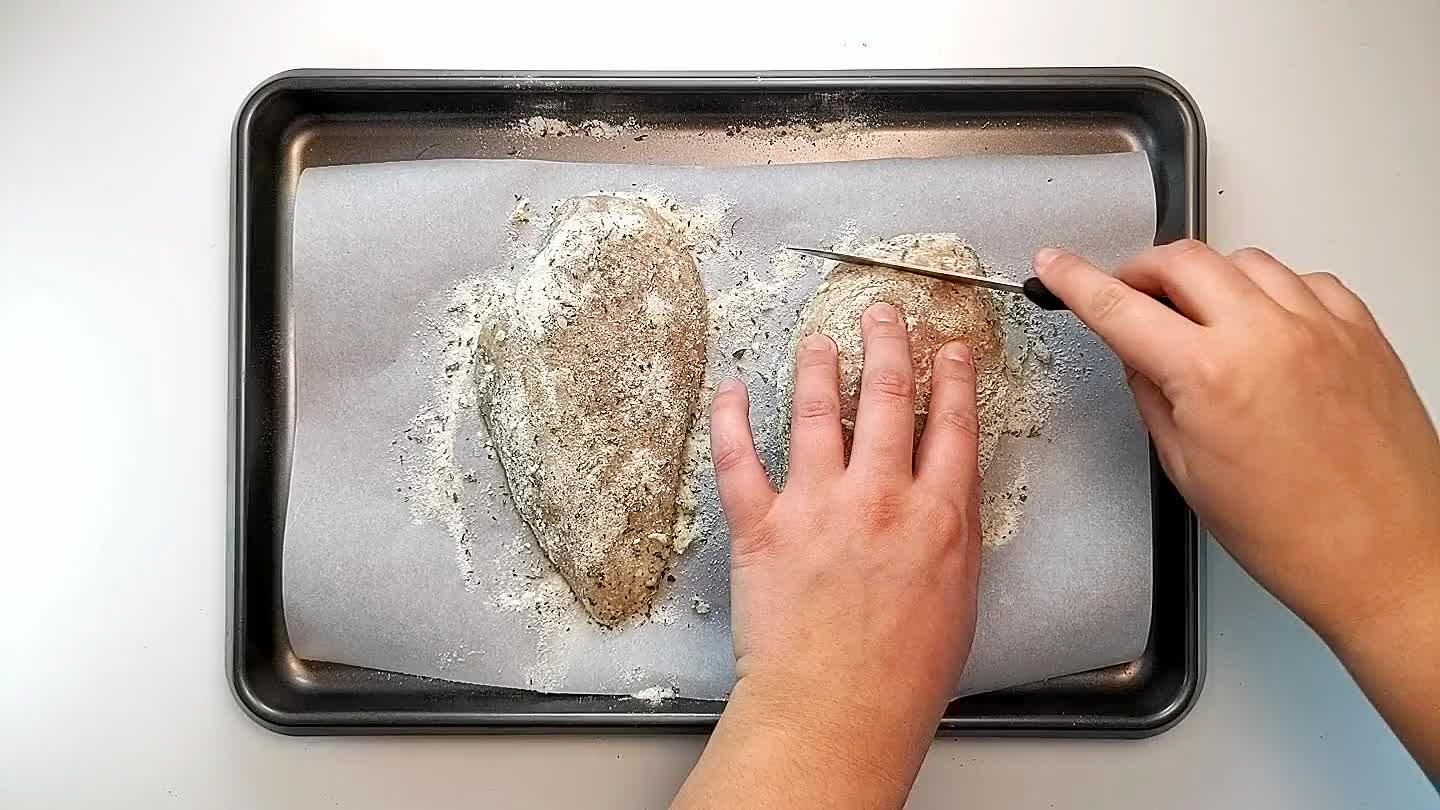 s about 3/4 of the way through the breast, being careful not to cut all the way through!