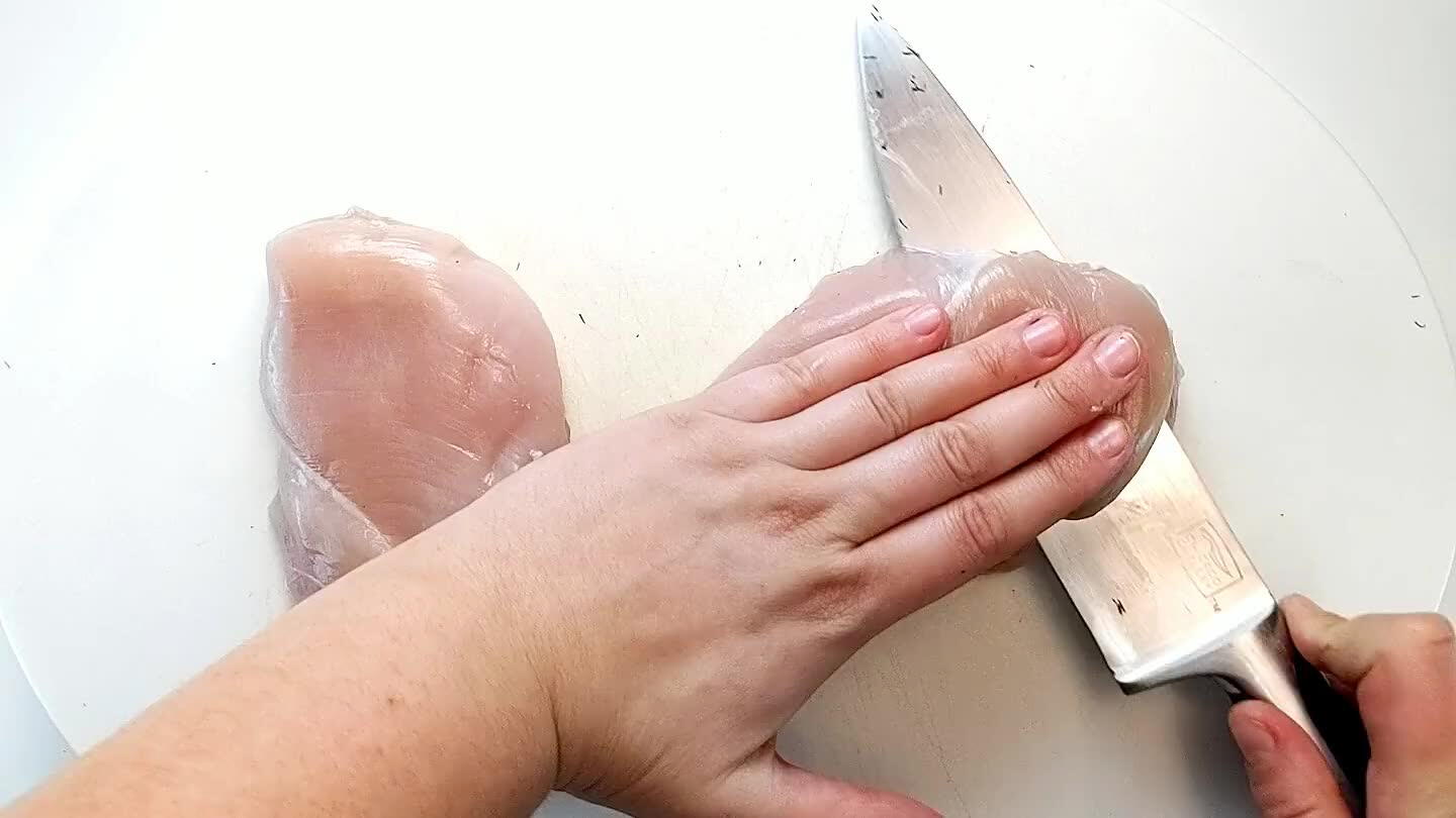 he top of each breast keeping your fingers out of the way of the knife. Slide the knife through the center of the breast to create 4 thin cutlets.